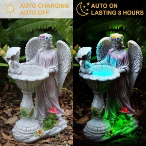 2 Angels, Birdbath n Frog Statue w LEDs