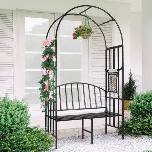 Metal Garden Arch and Bench Combo, Black