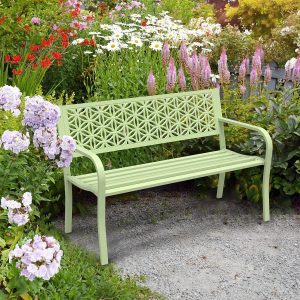 Green Park Bench Metal with Floral Back