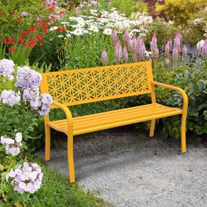 Yellow Outdoor Bench Metal with Floral Back