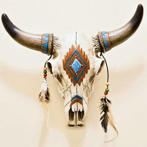 Tribal Style Bull Head Skull w Feathers, Beads Faux Turquoise Stone