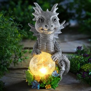 Dragon w Magic Orb n Solar LEDs Statue