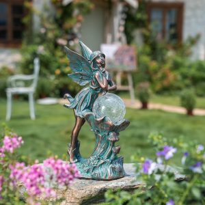 Patina Bronze Fairy Statue with Crackle Glass Yard Decor