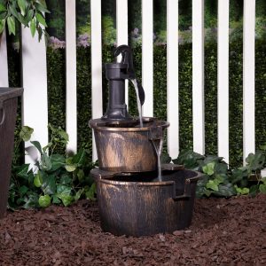 Rustic 2-Tier Barrel n Pump Water Fountain