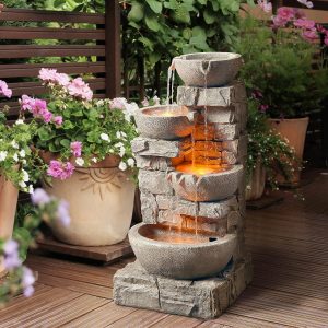 Cascading Bowls n Stacked Stones Water Fountain, w LEDs