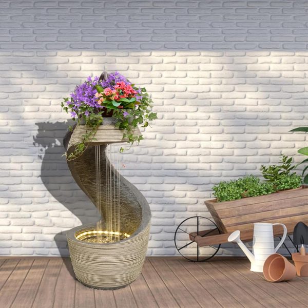 Curved Water Fountain w Planter n LED Lights