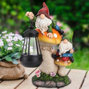 Gnome Climbing Mushroom w Solar Lantern Statue