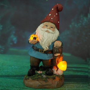 Gnome with Ladybug n Mushroom LEDs Statue, Lawn Decor