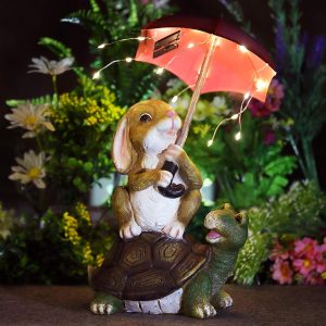 Rabbit on Turtle Holding Umbrella with String Lights Statue