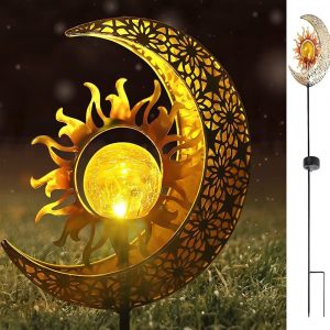 Sun & Moon Metal Stake w Cracked Globe n Solar LED's