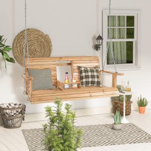 2-Person Wood Porch Swing w/ Foldable Cup Holder