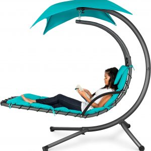 Curved Steel Lounge Swing w Pillow n Removable Canopy, Teal