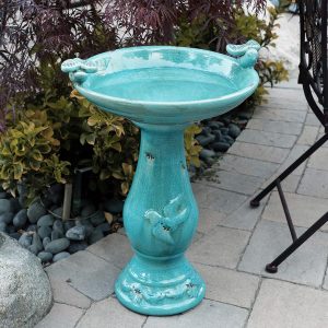 Birdbath, Turquoise Antique Ceramic, 24” Tall