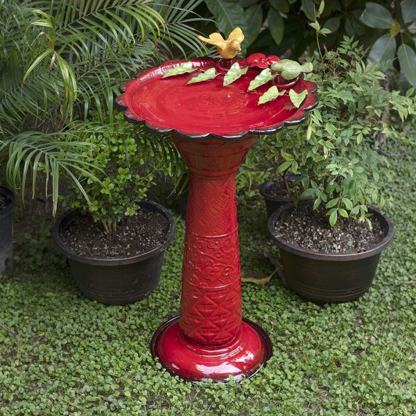 Red, Metal Birdbath - Birds n Leaves Accents