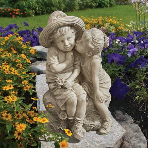 Boy n Girl Garden Decor Statue, Antique Stone