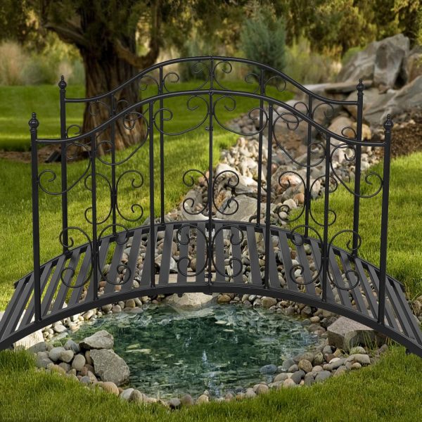 Garden Bridge, Black Iron, Arch Path W Patterned Guardrails 4ft