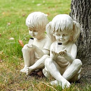 Lg Children Statues w Light Up Firefly Jar, Solar