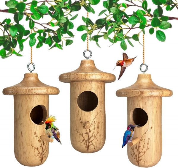 Natural Wooden Hummingbird House, 3 PCs