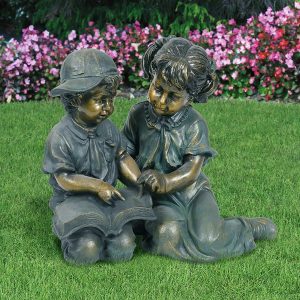 Girl and Boy Reading Statue Set Yard Deco