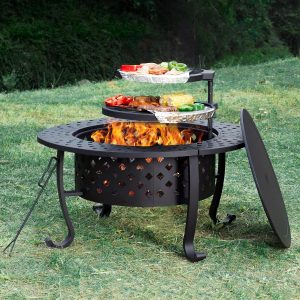 Black Fire Pit, Grill, Round Table